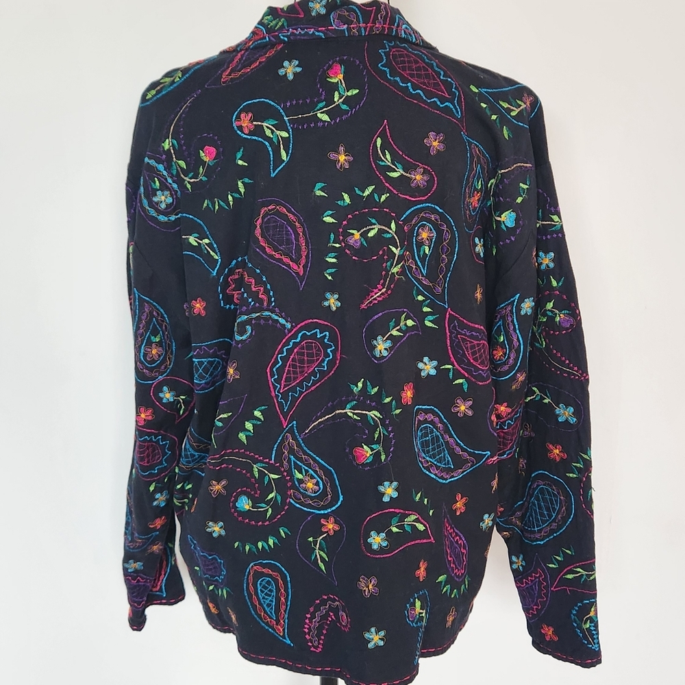 Vintage 80s Embroidered black Units Jacket Linen Cotton Blend Paisley Floral XL - Picture 7 of 16